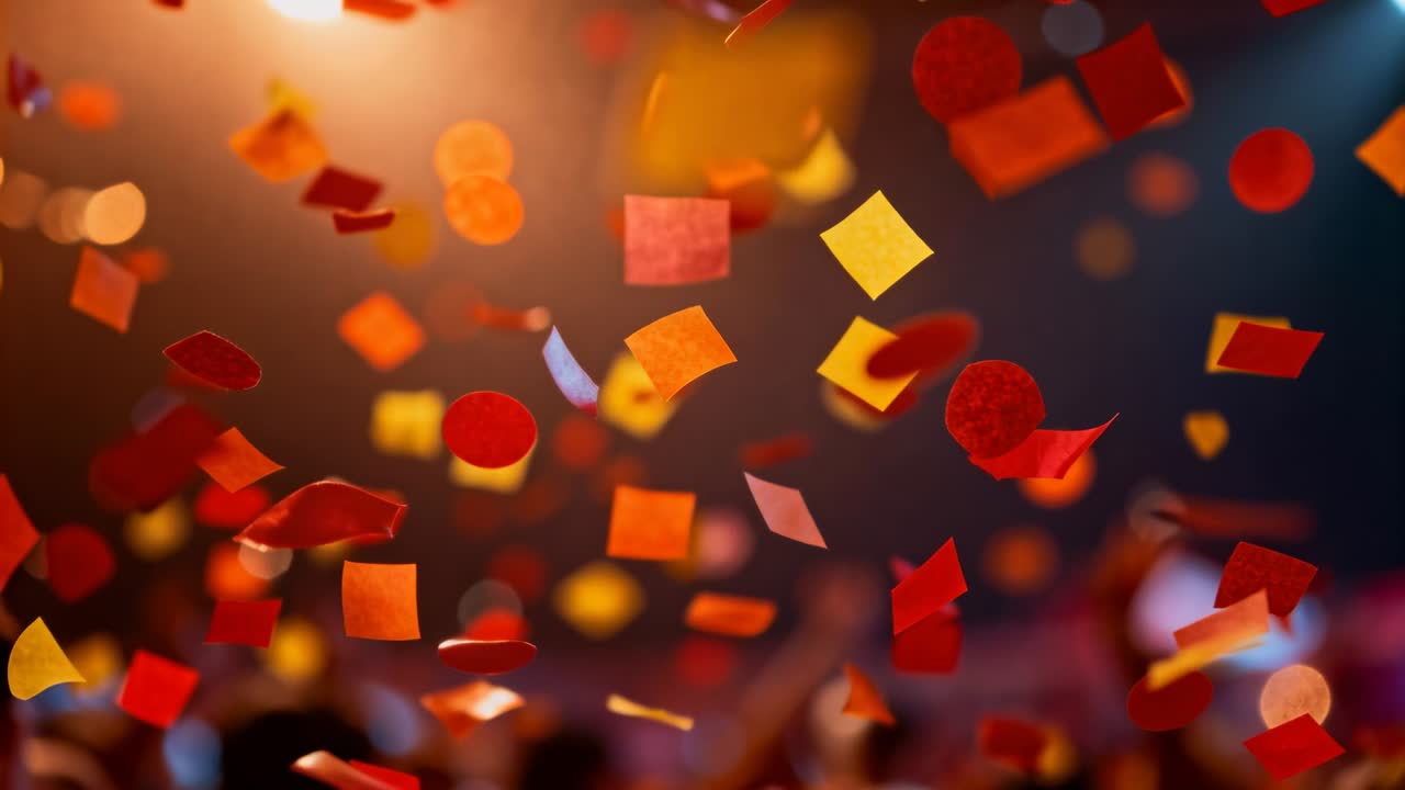 Cascading red orange confetti filling concert during finale, warm cool lights, blurred crowd