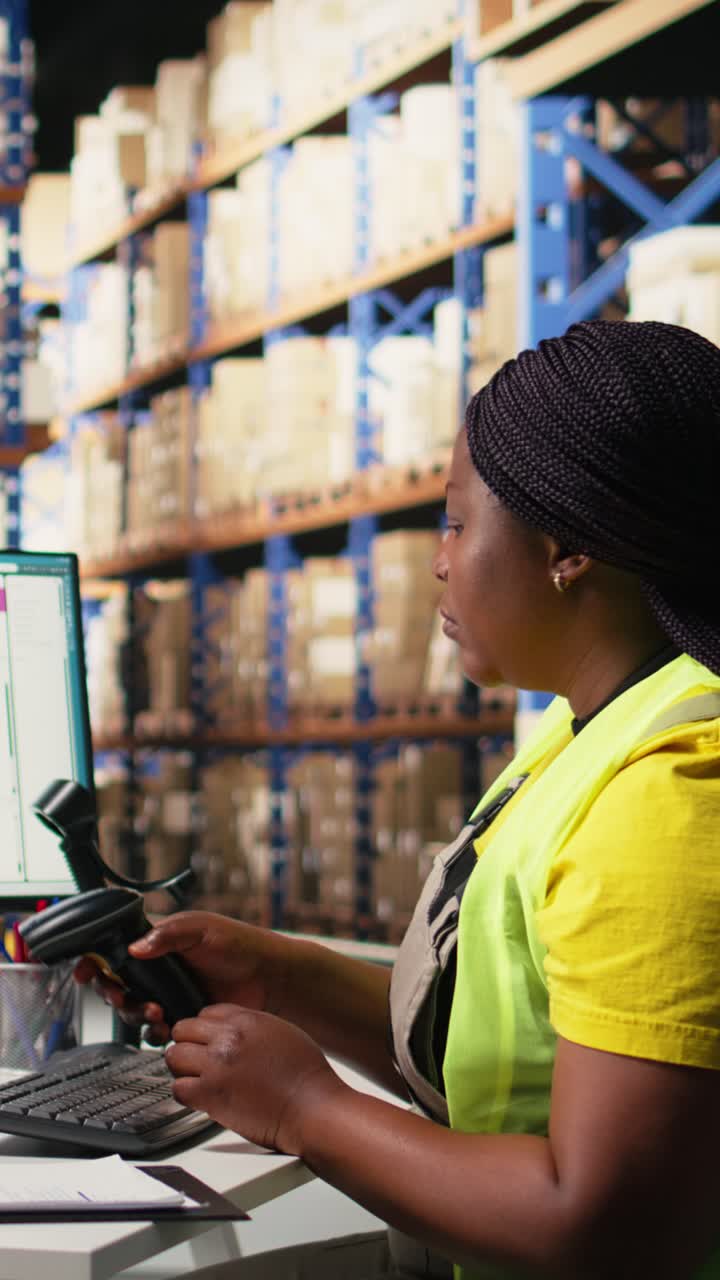 Vertical Video Staff member managing barcodes awb scanning tasks for online shopping orders
