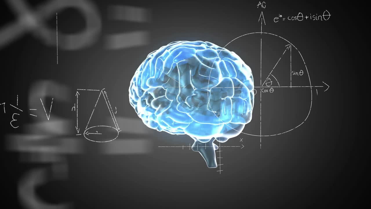 animación de ecuaciones matemáticas sobre el cerebro digital en fondo negro