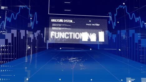 Animation of statistics and data processing over grid on blue background