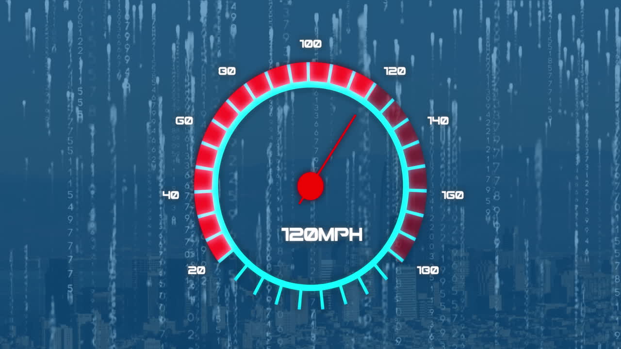 анимация спидометра и двоичного кодирования на фоне воздушного вида городского пейзажа.