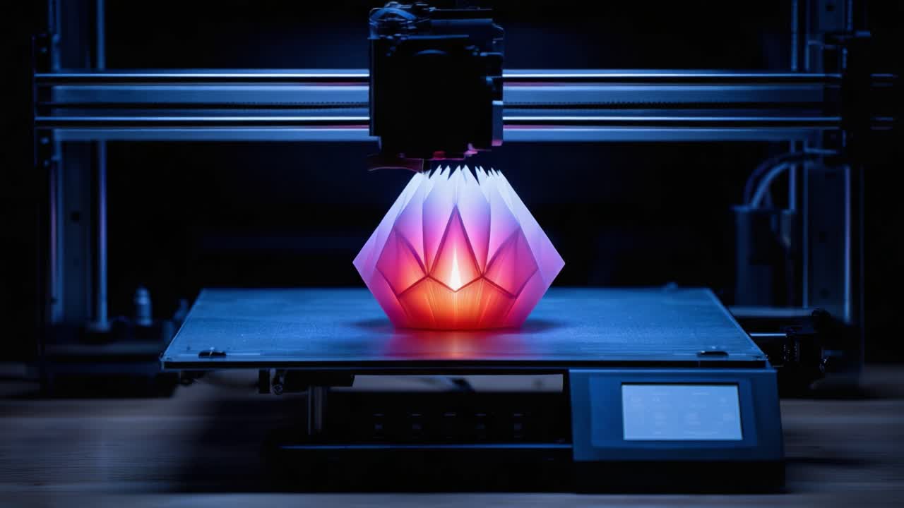 Captivating 3D Printing Process: Illuminated Geometric Design Emerging from a Printer, Showcasing the Fusion of Art and Technology in Craftsmanship