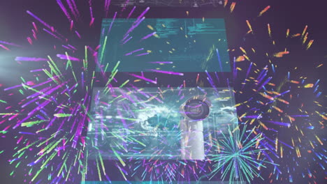 digital animation of fireworks exploding against multiple screens with data processing