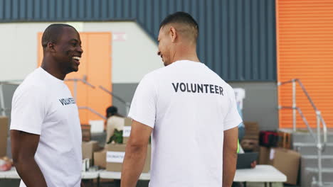 happy man, volunteer and hug in community service