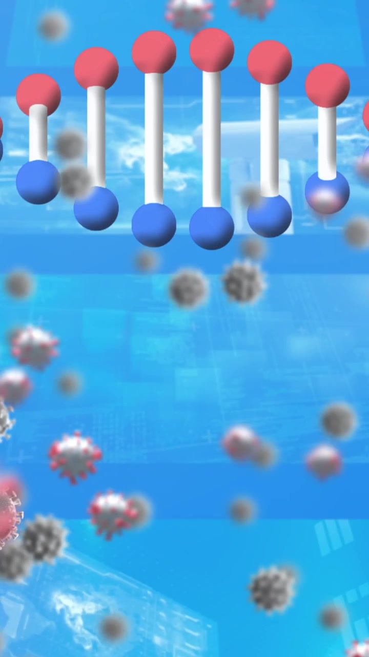 Animazione di un filamento di DNA in rotazione e molecole su sfondo blu