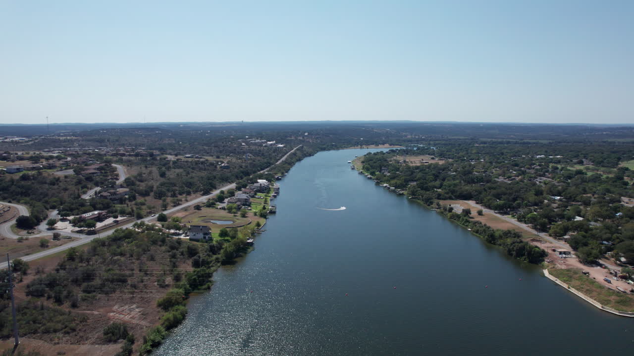 Aerial view of Lake LBJ and the Colorado River in Marble Falls, Texas in the Hill Country