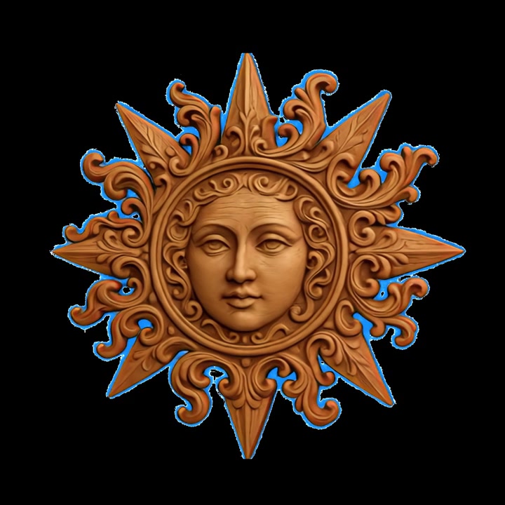 Scultura rotante di un volto di sole ornato con dettagli barocchi