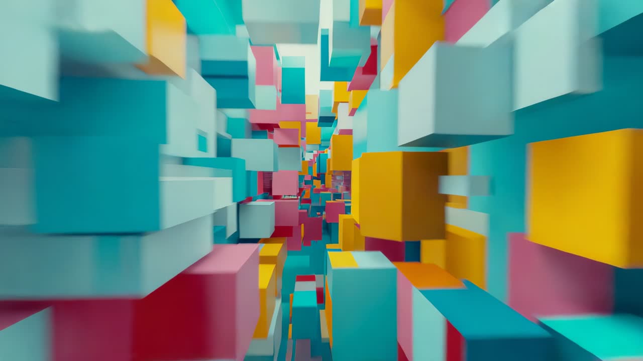 Initially camera pushing forward through corridor of colorful cubes for immersive tunnel journey