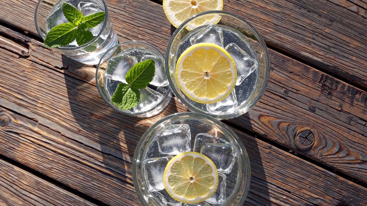 Acqua rinfrescante con limone, menta e ghiaccio su un tavolo di legno.