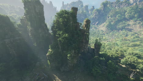 overgrown ruins in a lush jungle mountain landscape