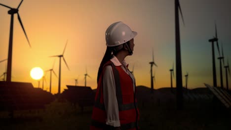 side view of asian female engineer in a helmet standing in front of wind turbines rotating at sunset, looking around and shaking her head