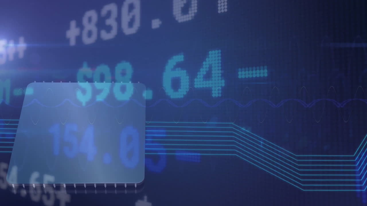 Animación de procesamiento de datos financieros sobre fondo oscuro