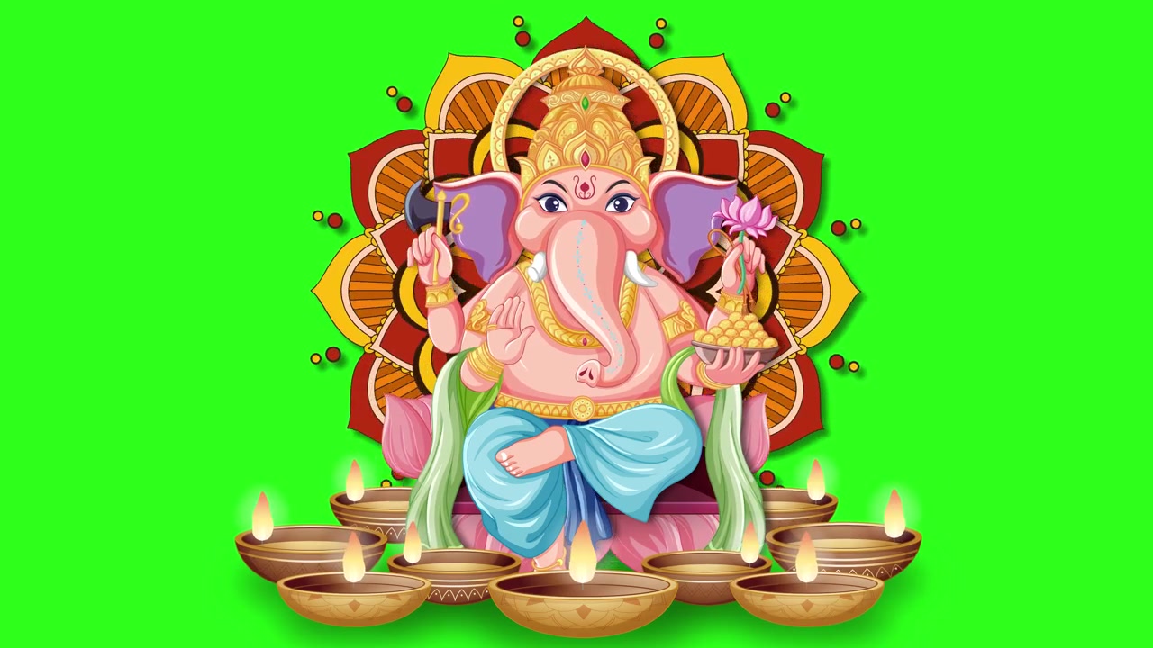 Um Ganesha colorido em desenho animado aparece com uma mandala e lamparinas a óleo tremeluzentes em tela verde