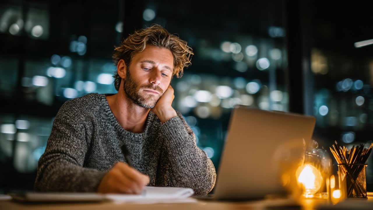Contemplative Evening Work: A Focused Individual Reflecting on Thoughts While Writing at a Laptop in a Modern, Ambient Office Setting