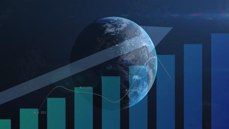 Animation-Von-Statistiken-Und-Datenverarbeitung-Mit-Blauem-Pfeil-über-Dem-Globus