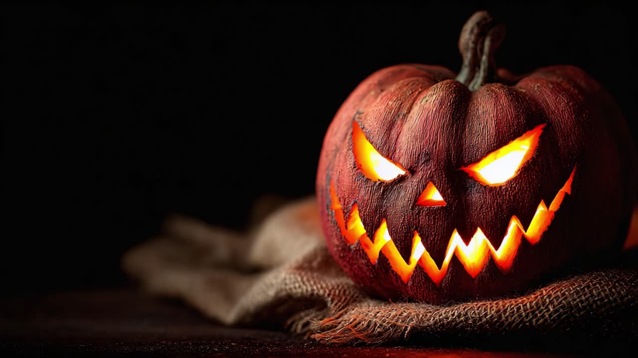 Una zucca di Halloween inquietante brilla di una luce sinistra, catturando l'essenza dello spirito di Halloween in un'ambientazione oscura e suggestiva con espressioni spettrali.