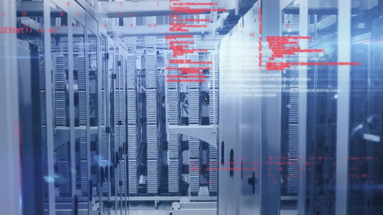 Animation of data processing and lights over servers