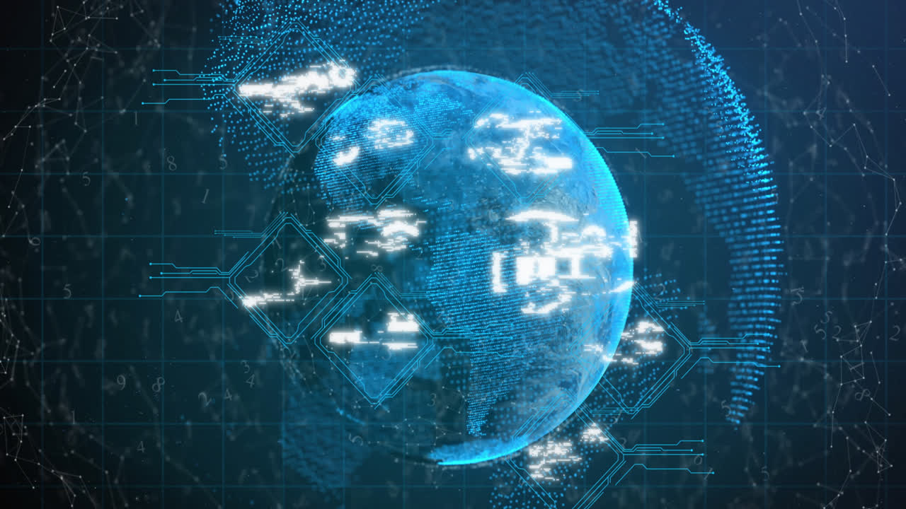 Animation of multiple icons over connected dots around globes over abstract background