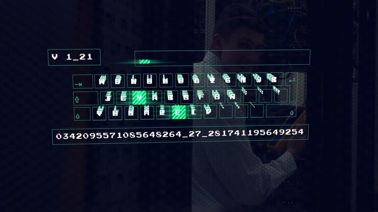 IT-tekniker tester patchkabler med tester ved serverracks, starter overlay med tastatur, fremdriftslinje fyldes