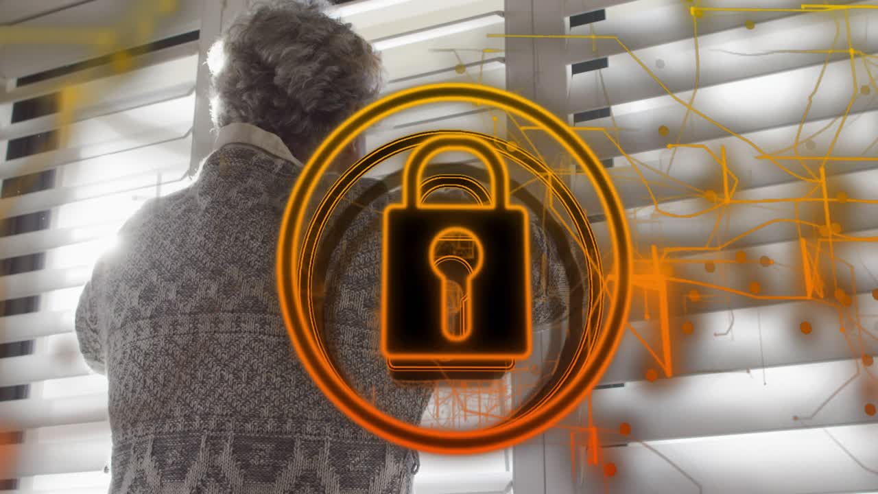 Senior woman pulling cord, tilting slats, revealing amber padlock HUD pulsing for security