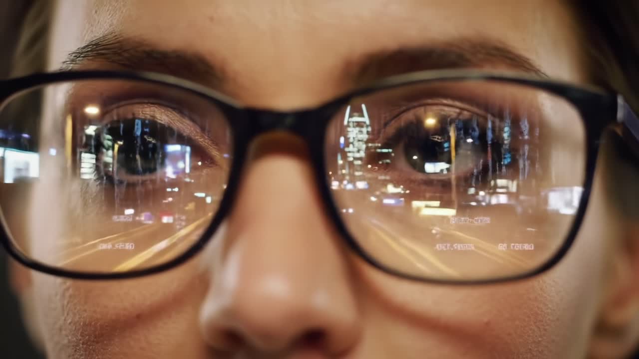 City Lights Reflected in Glasses During Nighttime Walk Through Urban Streets