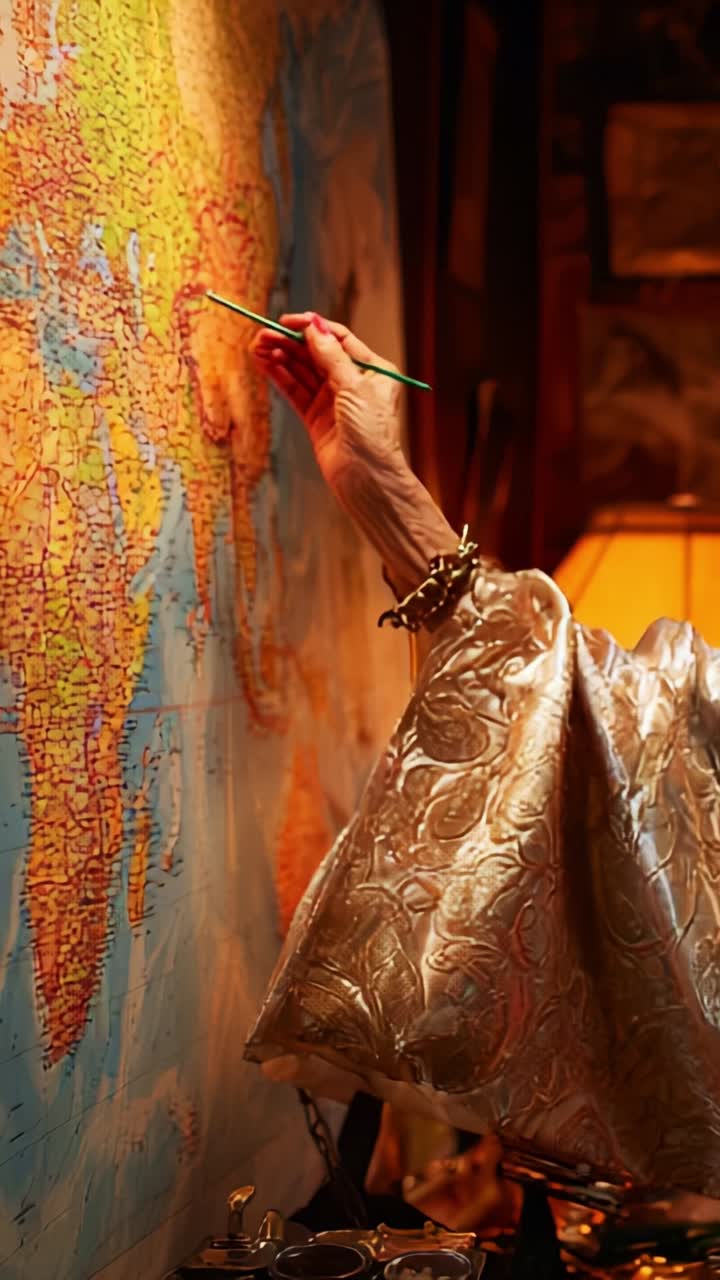 An Artistic Journey: A Hand with a Green Pencil Marks Locations on a World Map with Elegance, Symbolizing Discovery and Exploration in a Cozy Room