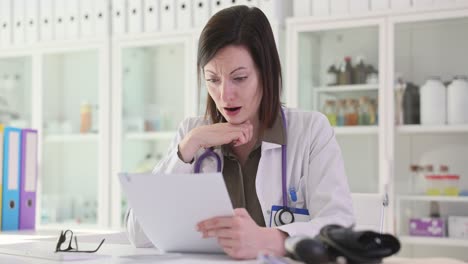 female doctor reacts to documents in office