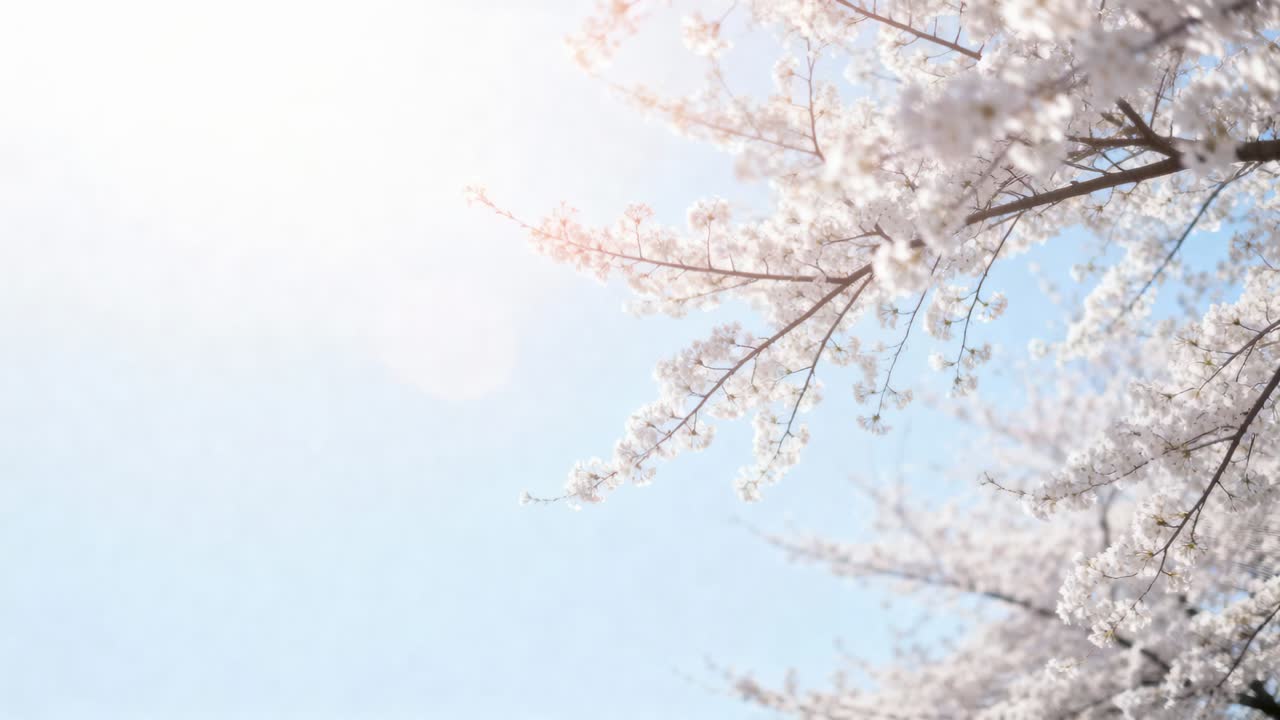 Shifting camera revealing blooming clusters and fine twigs on right in park, sun flare, copy space