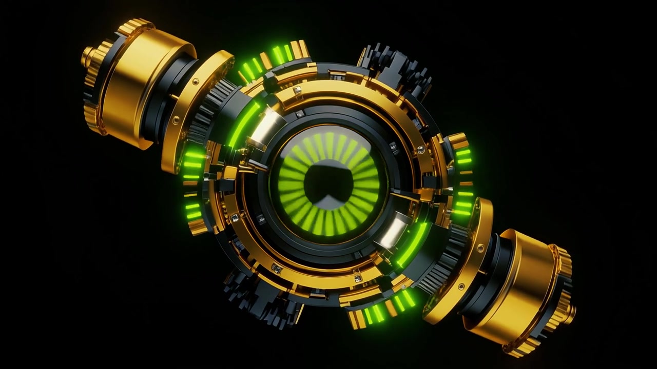 Animated Futuristic Mechanical Eye with Green Glowing Aperture