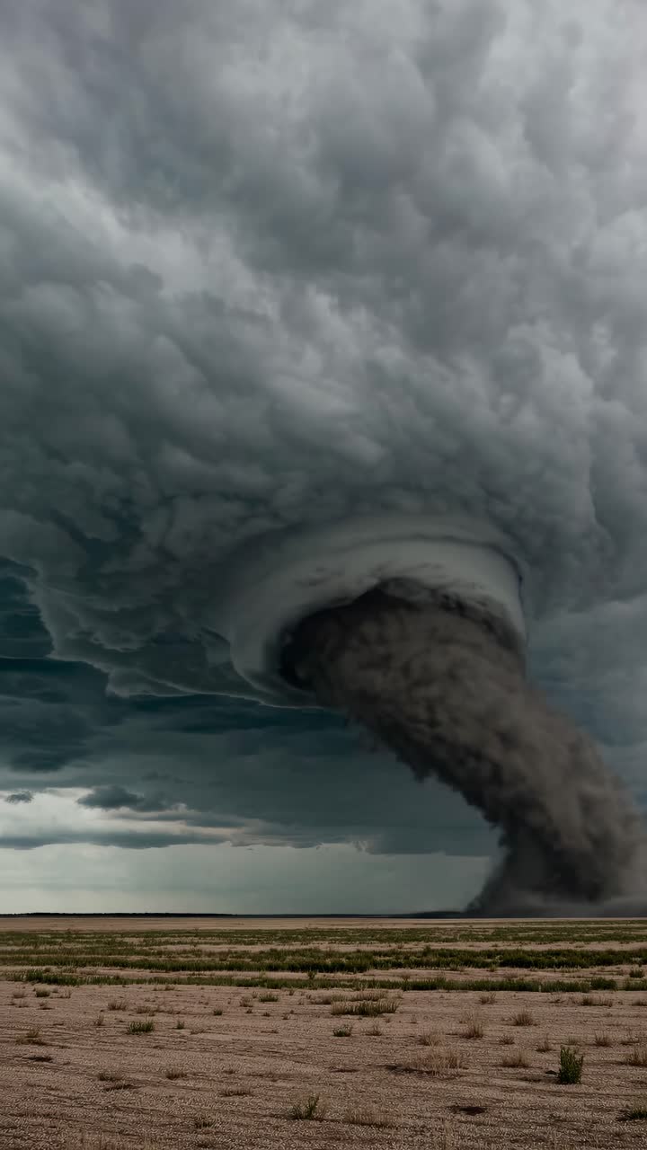 Dramatic low-angle shot of a powerful tornado under dark, swirling clouds, capturing the raw