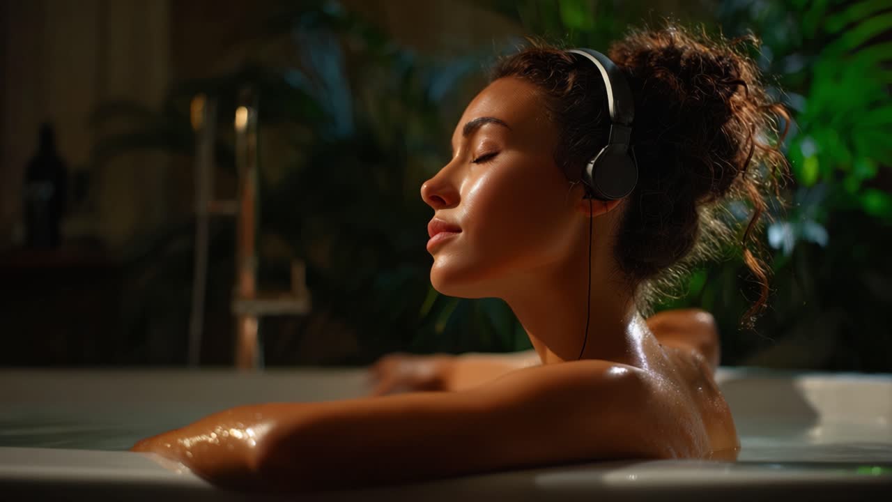 Détente et sérénité : Une femme profite d'une expérience de bain apaisante avec un casque audio dans un cadre intérieur luxuriant, entourée de verdure et d'un éclairage ambiant doux.