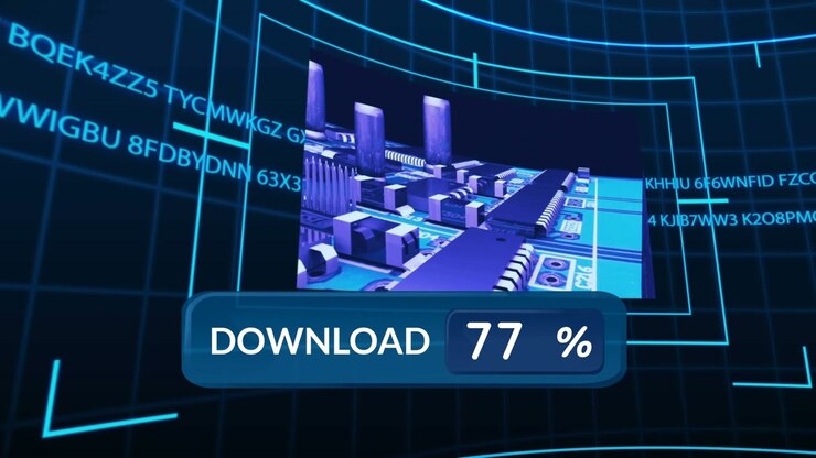 Download text with increasing percentage against screens with data processing on blue background