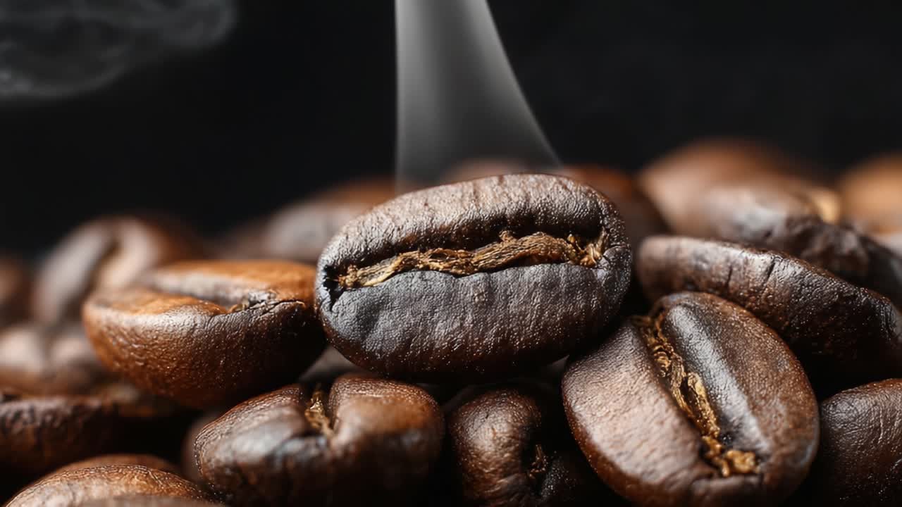 Aromatiske kaffebønner med stigende damp: Fanger essensen af friskristet kaffe i mørke, rige brune nuancer og lokkende aromaer