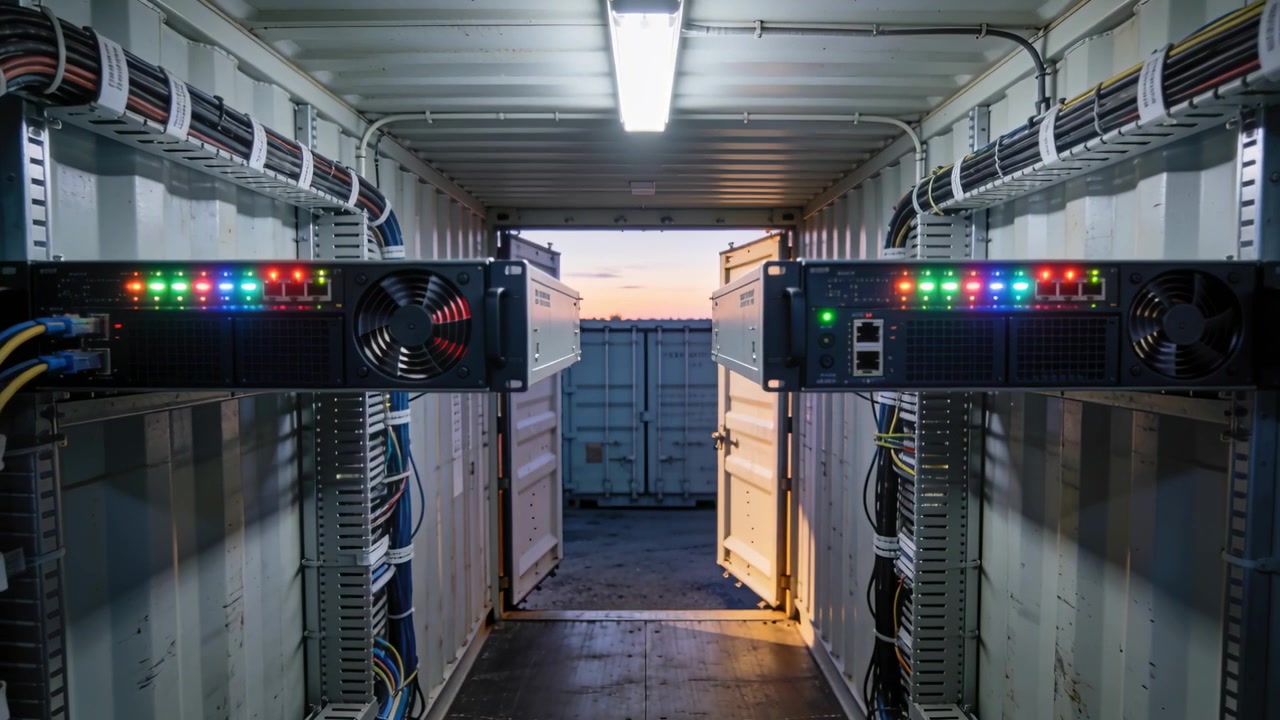 Powering rack-mounted units inside container at dusk, LEDs blinking, fans spinning