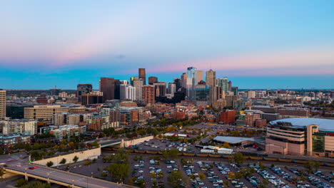 Aerial-Timelapse-in-Denver,-Colorado-at-Sunset