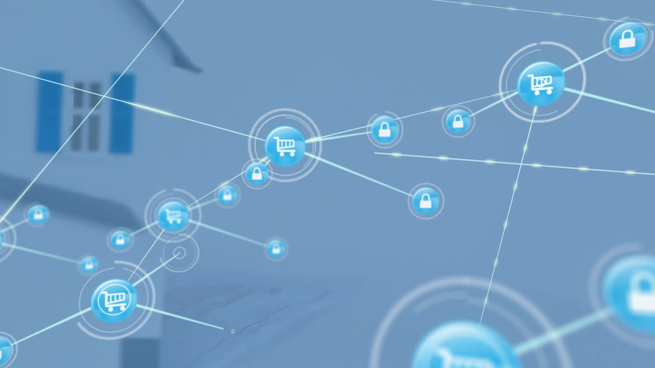 Animation of network of connections with icons over 3d house model on white background