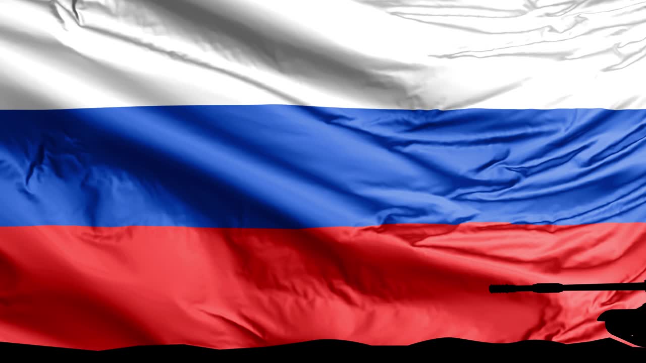 A waving Russian flag with a war tank driving