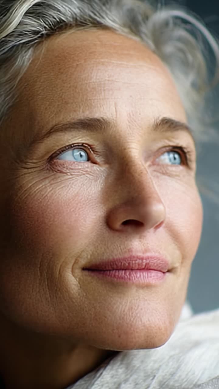 A Reflective Moment: Capturing the Serene Expression and Subtle Beauty of a Mature Woman with Silver Hair and Bright Eyes, Emphasizing Natural Emotions and Graceful Aging