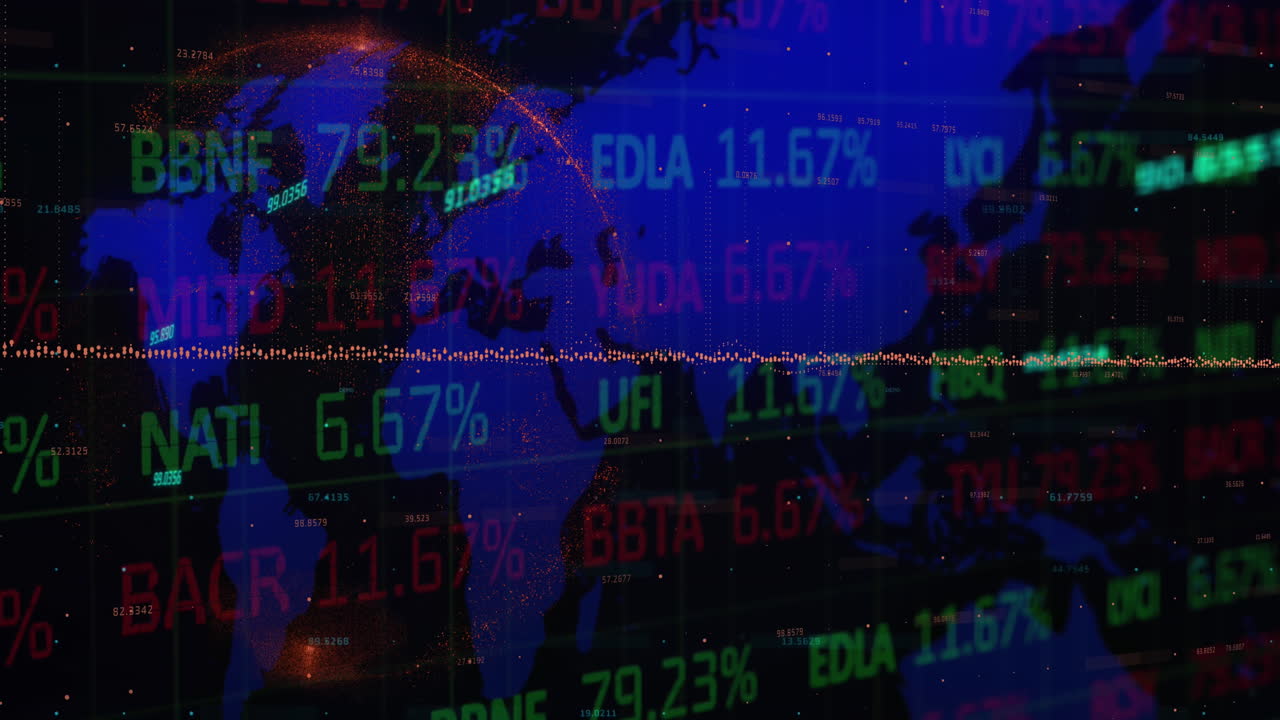 animación del procesamiento de datos del mercado de valores sobre el mapa del mundo contra un fondo negro
