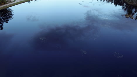 slow moving aerial drone shot over a calm lake with the sky reflected in the water