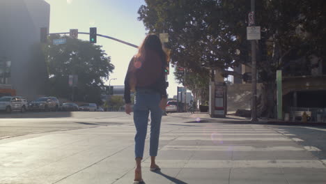 unrecognized brunette going on crosswalk. unknown girl tourist crossing street.