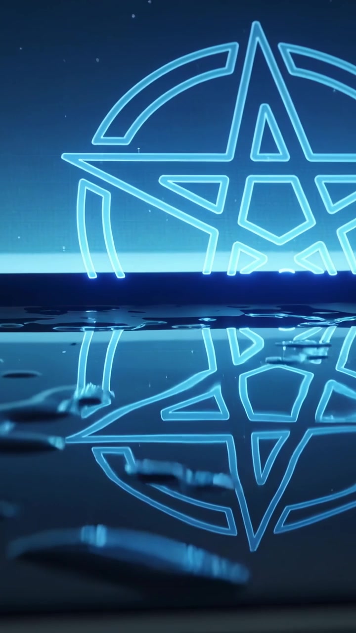 Video verticale: Panoramica che rivela un emblema a stella ciano che si centra sopra l'acqua, con goccioline che increspano il riflesso.