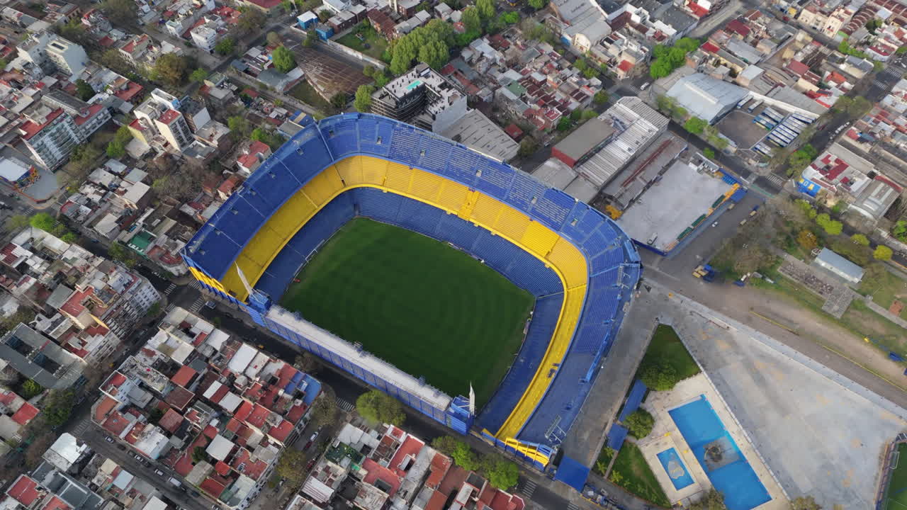 Wide aerial view of La Bombonera stadium of Boca Juniors football club. Buenos Aires, Argentina.