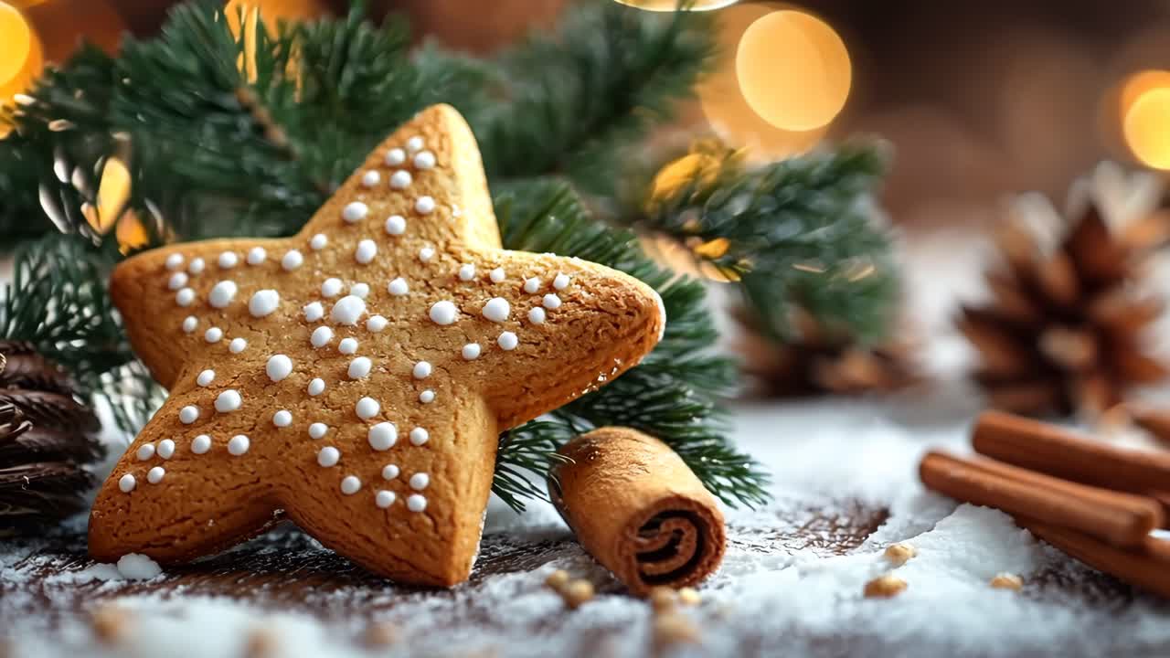 A star shaped cookie with white icing sits on a table with cinnamon sticks and pine cones. Concept of warmth and comfort, as the cookie and spices evoke feelings of the holiday season
