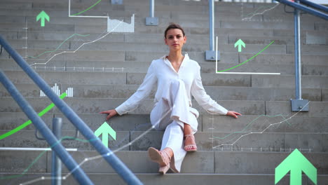 young successful professional business woman in office outfit sits contentedly on gray stairs surrounded by digital positive graphs, financial data and stock market price trends