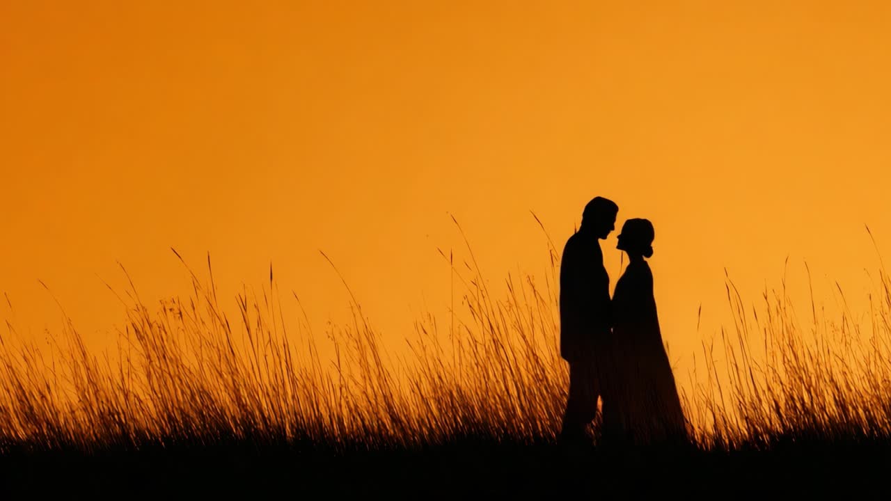 A Tender Moment: A Couple Silhouetted Against a Glowing Orange Sunset, Capturing the Essence of Love and Connection Amidst Nature's Beauty