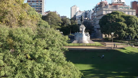 AERIAL---Recoleta-Mitre-Park-and-monument,-Buenos-Aires,-Argentina,-wide-shot