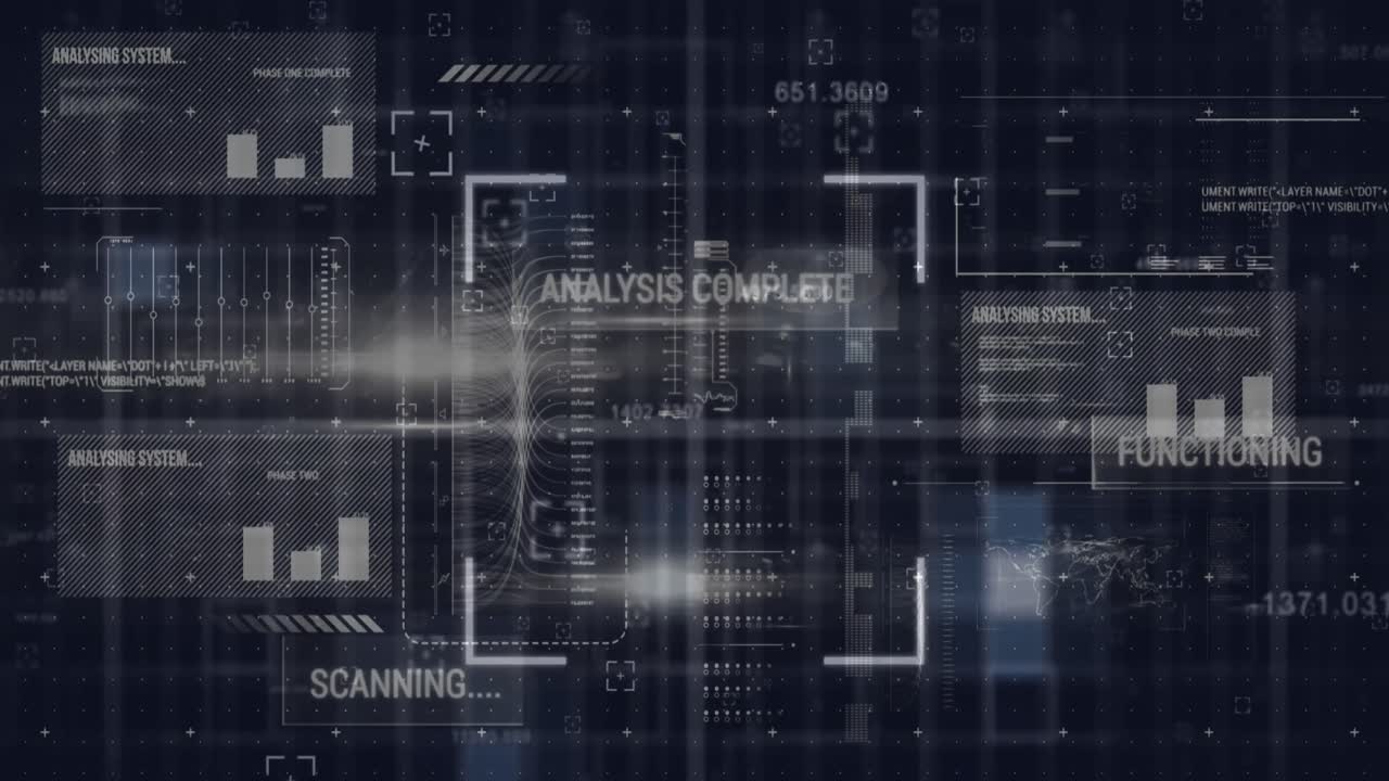 Animation of scope scanning over interface with data processing and light spot on black background