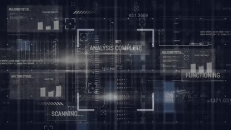 animación del escaneo del alcance sobre la interfaz con procesamiento de datos y punto de luz sobre fondo negro