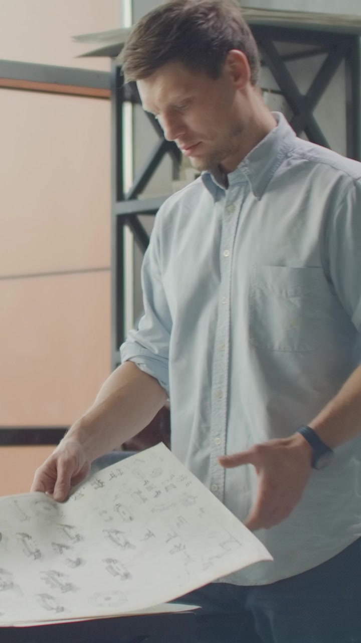 Architect Reviewing Technical Blueprints in Modern Office
